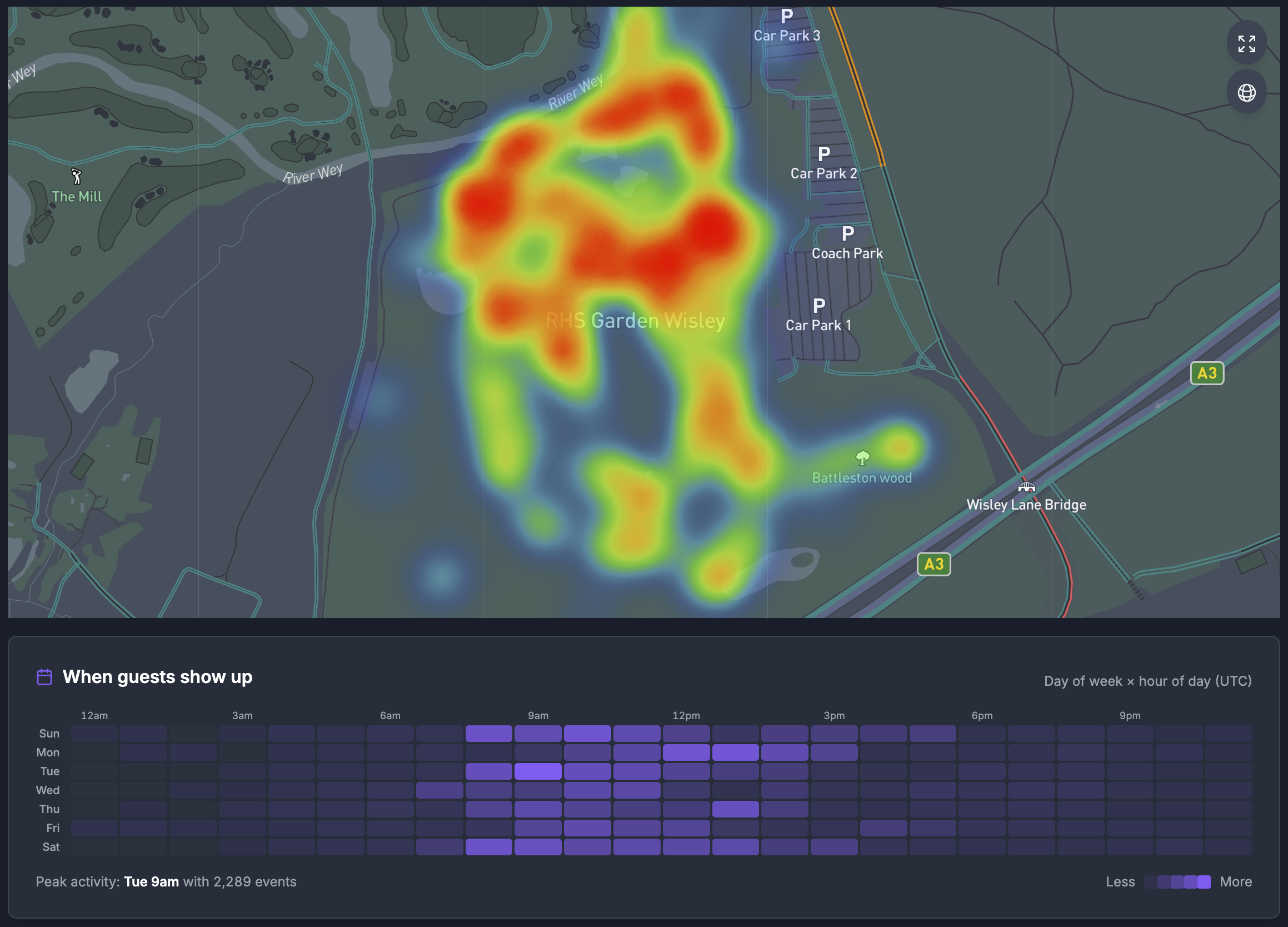 Footfall heatmap overlaid on a real client property. Clusters showing where visitors congregate, pass through, and linger.
