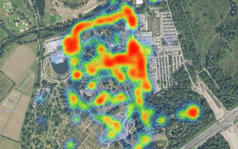 The same aerial with a HypaMaps heatmap overlay - the operator-facing behavioural-data view.
